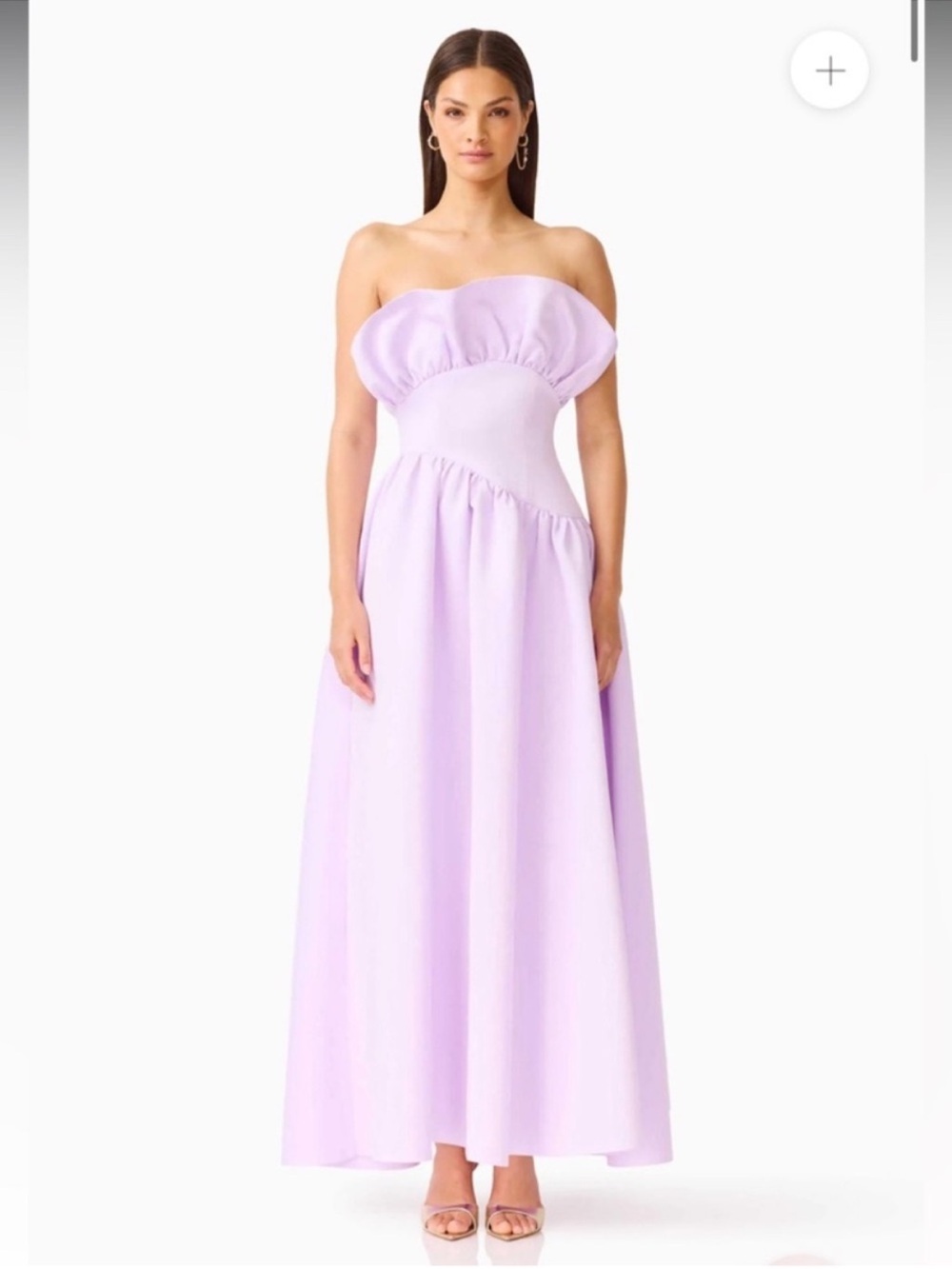 elliatt laurel purple satin ruffle bust boned strapless maxi gown dress medium
